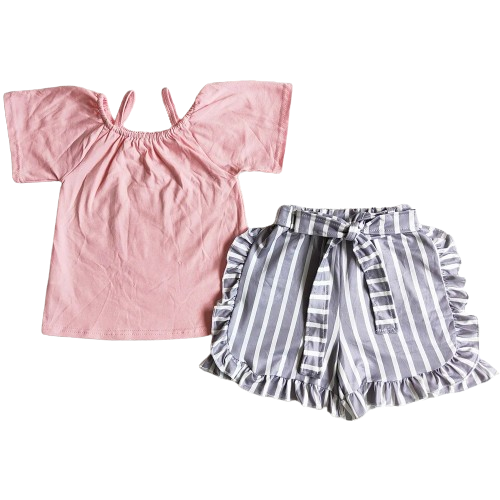 Summer Shorts Outfit - Pink & Gray Stripe Girls Ruffle Kids