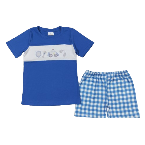 Police Cutie Embroidered Outfit Colorful Short Sleeve Shirt and Shorts - Kids Clothing