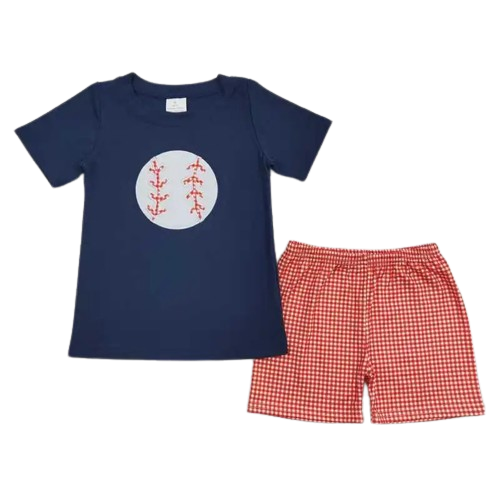 Navy & Plaid Baseball Outfit 4th of July Short Sleeve Shirt and Shorts - Kids Clothing