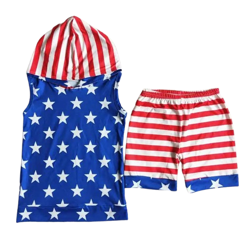 Kids 4th of July Summer Outfit - Hooded Stars & Stripes