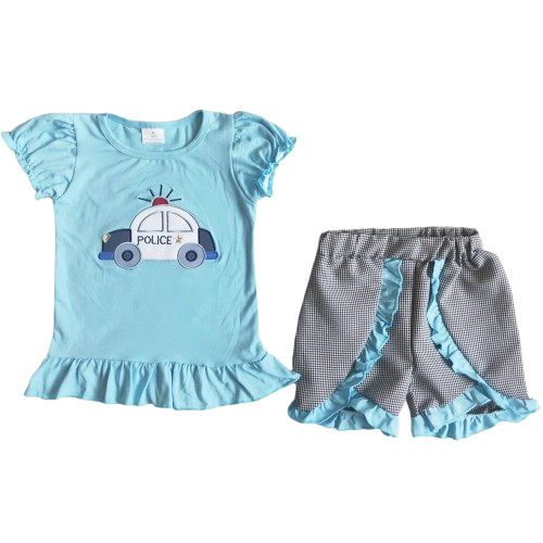 Police Cutie Plaid Ruffle Accent Outfit Colorful Short Sleeve Shirt and Shorts - Kids Clothing