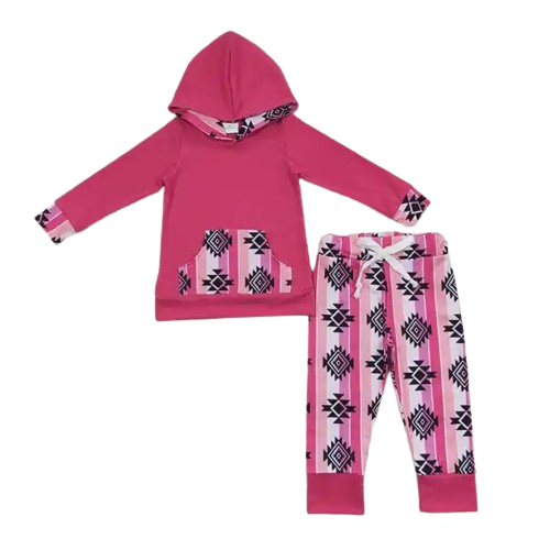 Girls Long Sleeve Western Loungewear Outfit - Pink Aztec Geo