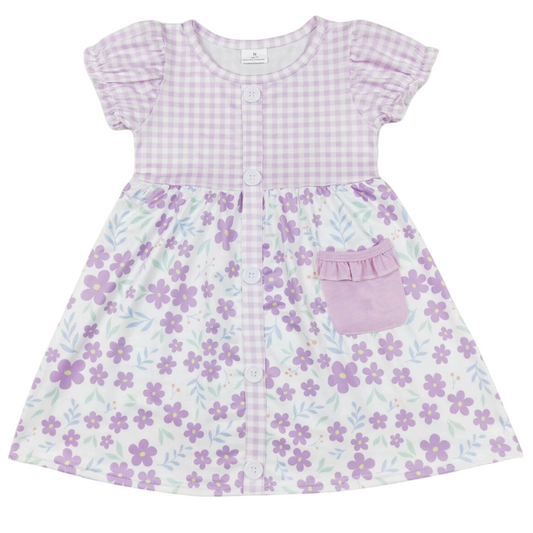 FLORAL Dainty Purple Blooms & Gingham Short Sleeve Dress