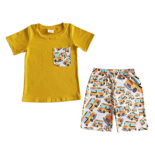 Big Yellow School Bus Summer Shorts Outfit Set- Boys