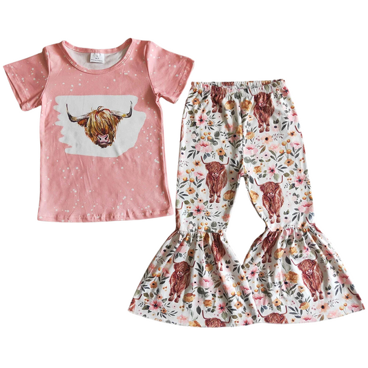 FLORAL HIGHLAND COW Short Sleeve Shirt & Flare Pants Set