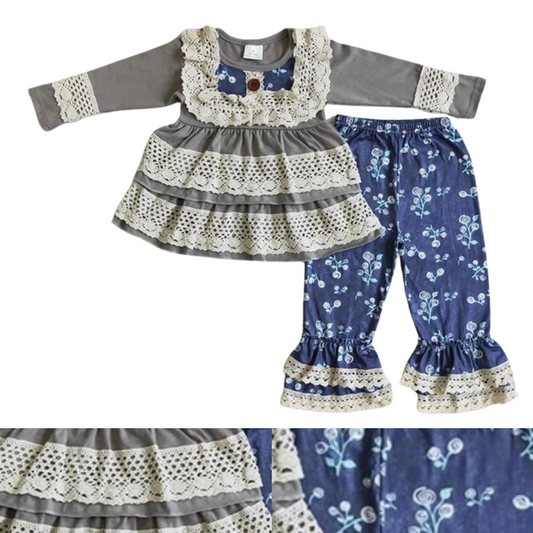 Floral Lace Long Sleeve Fall / Winter Outfit - Kids Girls