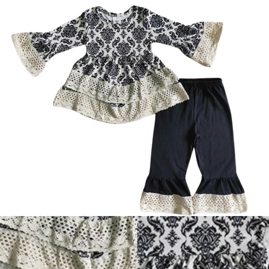 Black Print Long Sleeve Top/Solid Black Pants Spring/Autumn