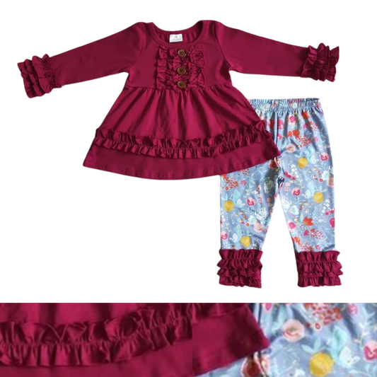 Floral Pants & Long Sleeve Solid Maroon Ruffle Shirt Spring