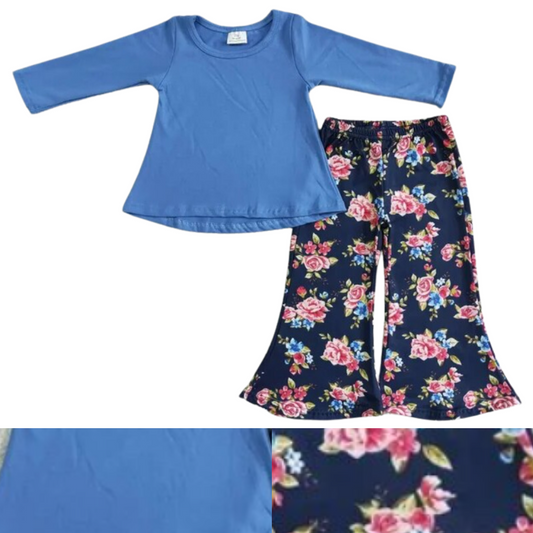 Floral Pants & Long Sleeve Solid Blue Shirt Spring Summer
