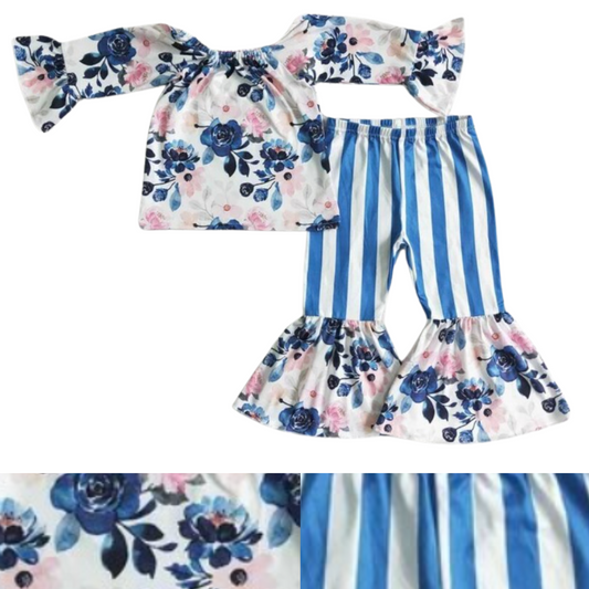 Blue Stripe Flare Pants & Long Sleeve Floral Shirt Spring