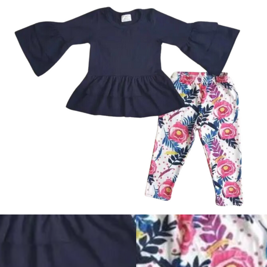 Floral Pants & Long Sleeve Solid Black Ruffle Shirt Autumn