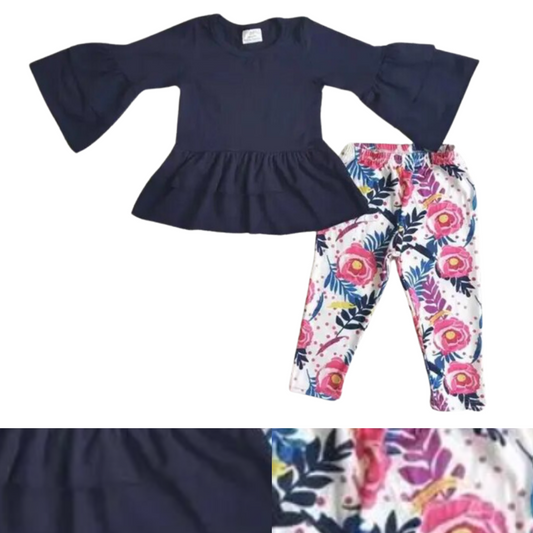 Floral Pants & Long Sleeve Solid Black Ruffle Shirt Spring