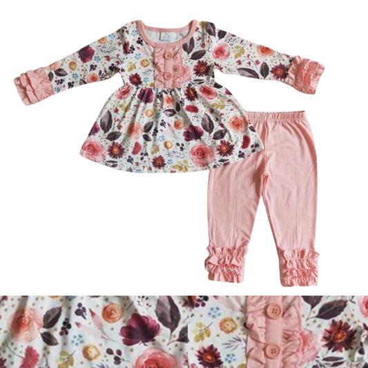 Floral Pink Ruffled Long Sleeve Top/Pant Outfit Autumn/Fall